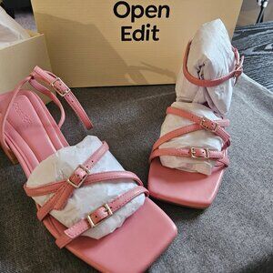 Pink strappy heeled sandals